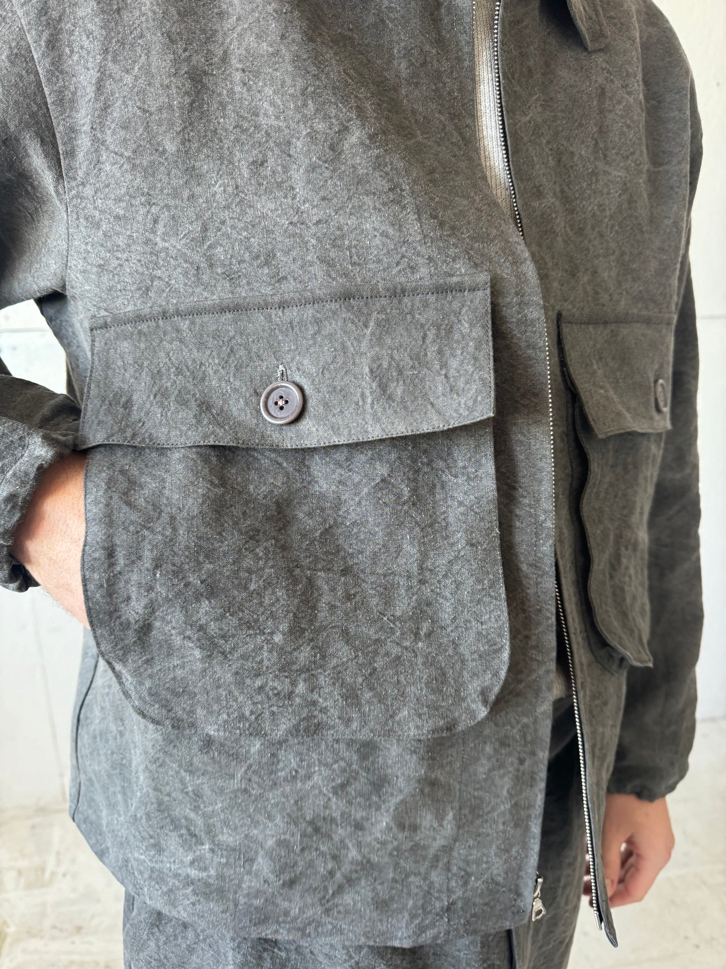 Fishing Jacket in Charcoal Dyed Paper/Linen
