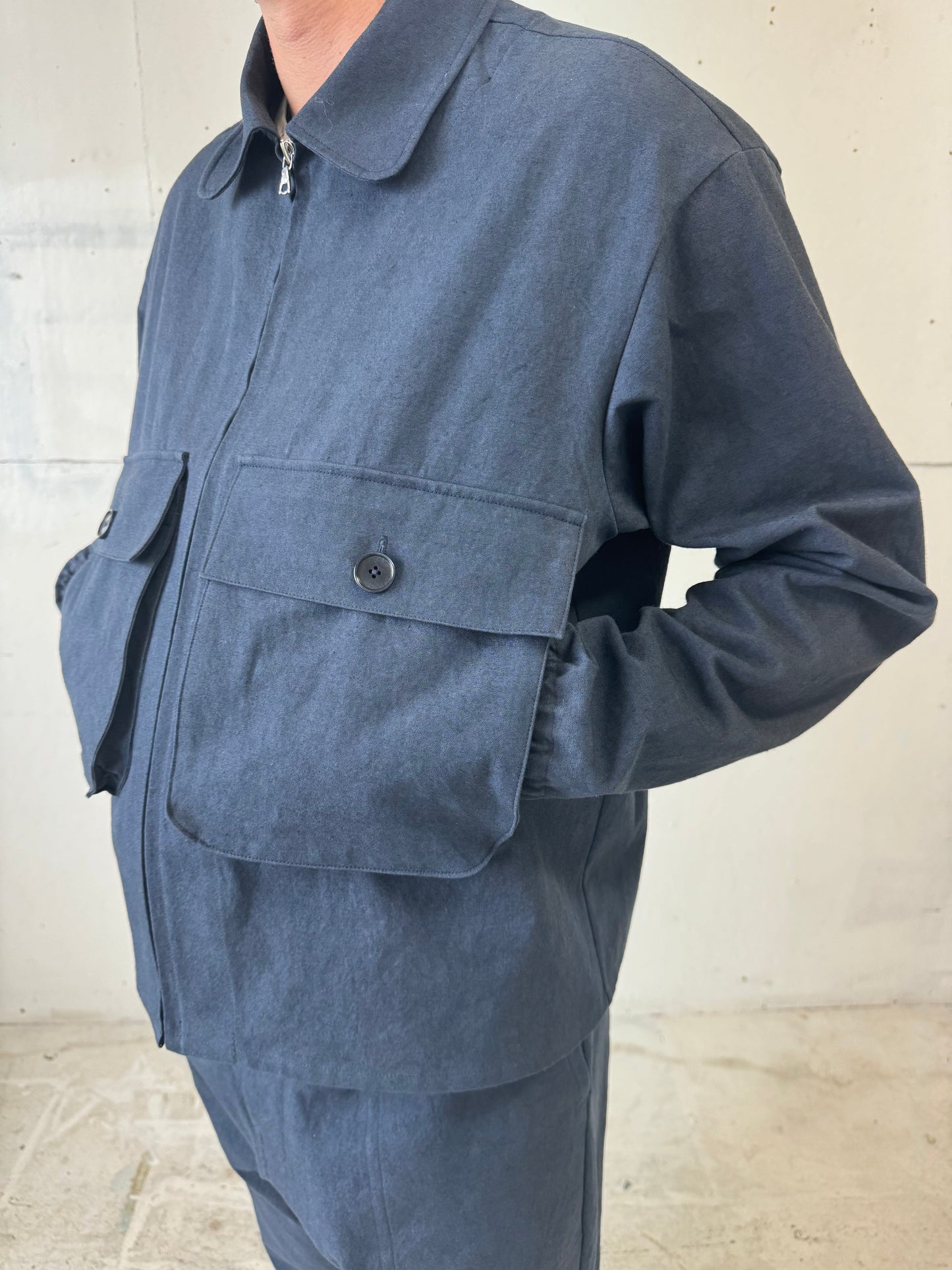 Fishing Jacket in Navy Cotton/Linen Canvas